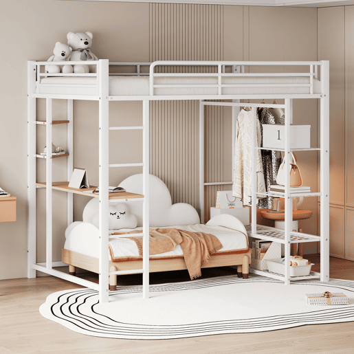 Cama mezzanine metálica 140x200 cm - com mesa e prateleiras - Branco