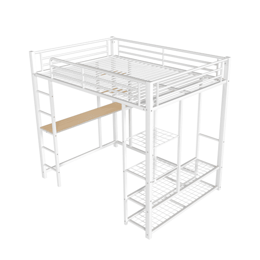 Cama mezzanine metálica 140x200 cm - com mesa e prateleiras - Branco