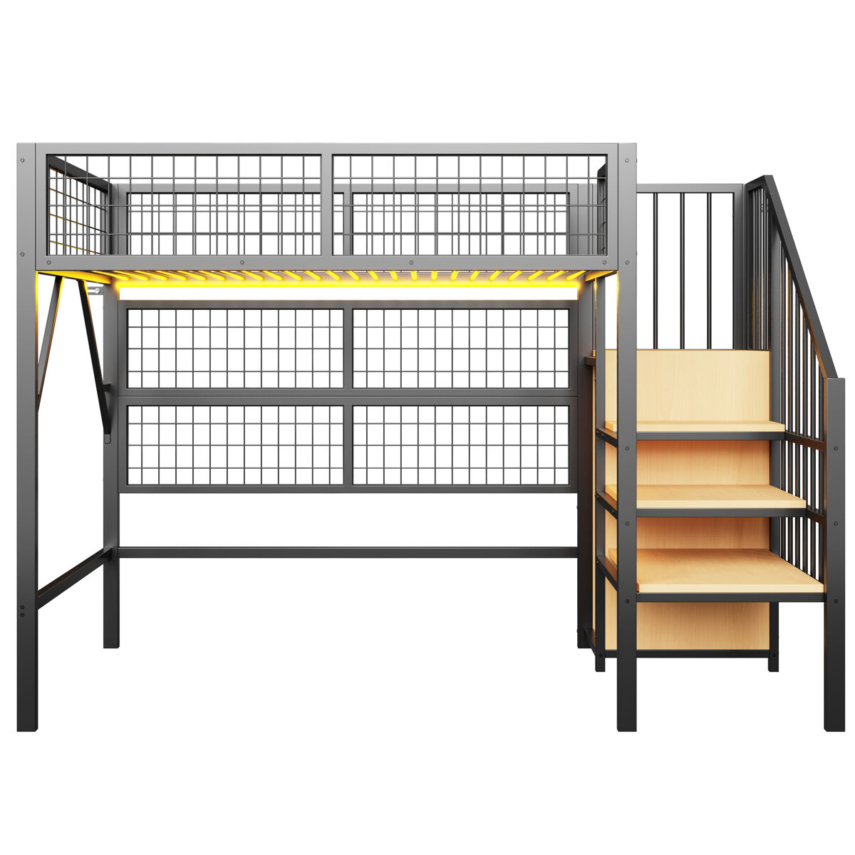 Cama alta metálica 90*200 - con luces led controladas por app, escalera con almacenamiento, armario abierto - negro