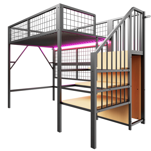 Cama alta metálica 90*200 - Com luzes LED controladas por APP, escada com arrumação, armário aberto - Preto