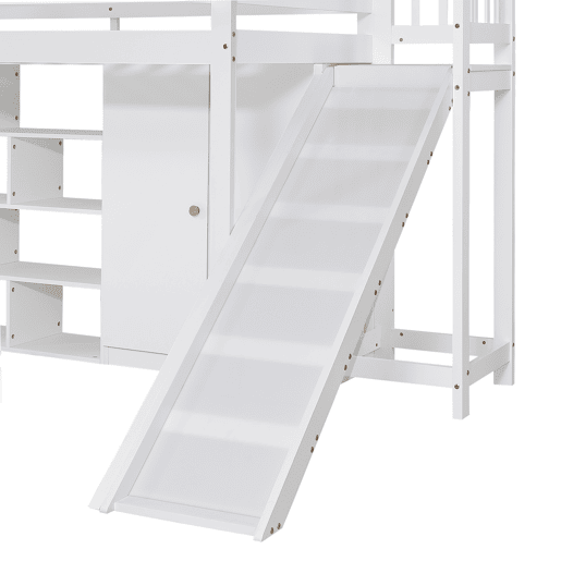Cama alta em madeira e MDF - 90x200 cm - com prateleiras, roupeiro e escorrega - Branco