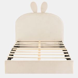 Cama de criança 90x200cm cama estofada em veludo - cabeceira em forma de coelho - com estrado de molas - Bege