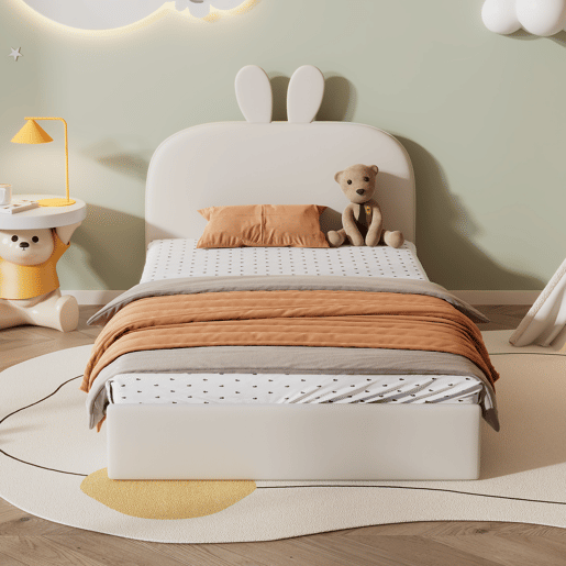 Cama de criança 90x200cm cama estofada em veludo - cabeceira em forma de coelho - com estrado de molas - Bege