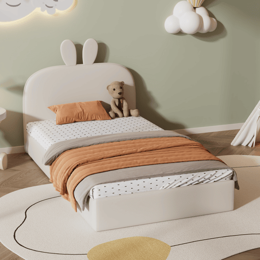 Cama de criança 90x200cm cama estofada em veludo - cabeceira em forma de coelho - com estrado de molas - Bege