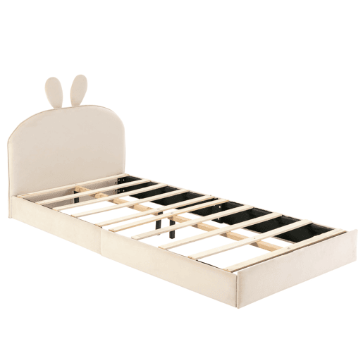 Cama de criança 90x200cm cama estofada em veludo - cabeceira em forma de coelho - com estrado de molas - Bege