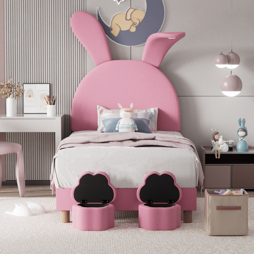 Cama de veludo para criança - 90x200 cm - orelhas de coelho dobráveis com LED - 2 bancos com arrumação - Rosa