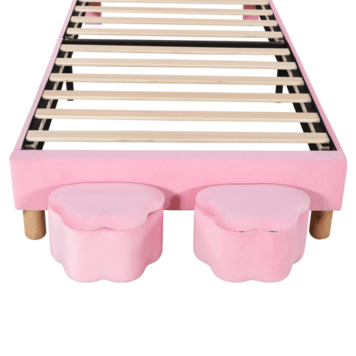 Cama de veludo para criança - 90x200 cm - orelhas de coelho dobráveis com LED - 2 bancos com arrumação - Rosa