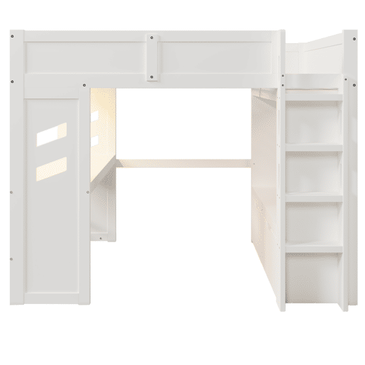 Cama alta 140x200 cm - Com secretária, LED, 1 USB, 1 Type-C, prateleira, sem colchão - Branco