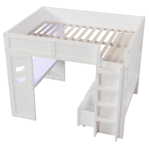 Cama alta 140x200 cm - Com secretária, LED, 1 USB, 1 Type-C, prateleira, sem colchão - Branco