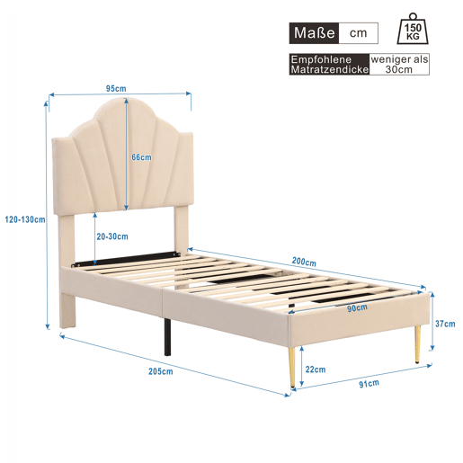 Cama de criança em veludo - 90x200cm - cabeceira em forma de concha - Bege