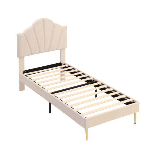 Cama de criança em veludo - 90x200cm - cabeceira em forma de concha - Bege