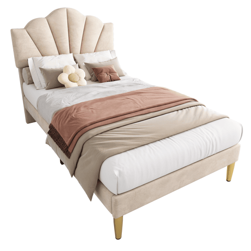 Cama de criança em veludo - 90x200cm - cabeceira em forma de concha - Bege