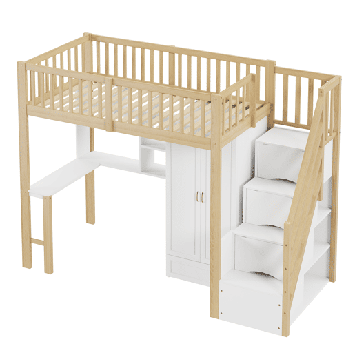Cama alta 90x200 - Com armário grande, prateleira e mesa, escada com arrumação - Cor madeira