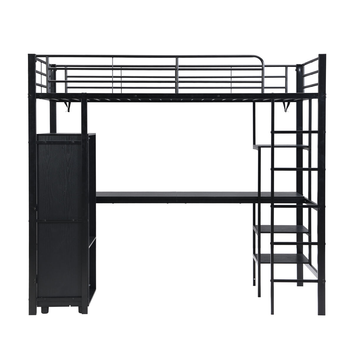 Cama litera 90x200cm - con mesa y armario, con escalera de 5 peldaños, estructura de hierro, color negro