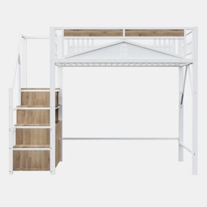 Cama alta metálica 140 x 200 cm - Com estrutura de segurança com janela e escada com armário - Branco