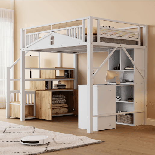 Cama alta metálica 140 x 200 cm - Com estrutura de segurança com janela e escada com armário - Branco