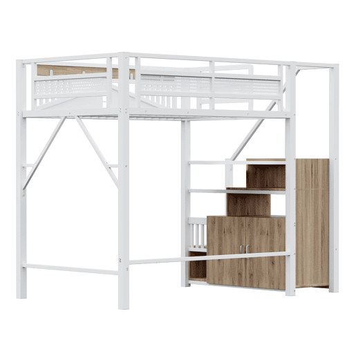Cama alta metálica 140 x 200 cm - Com estrutura de segurança com janela e escada com armário - Branco