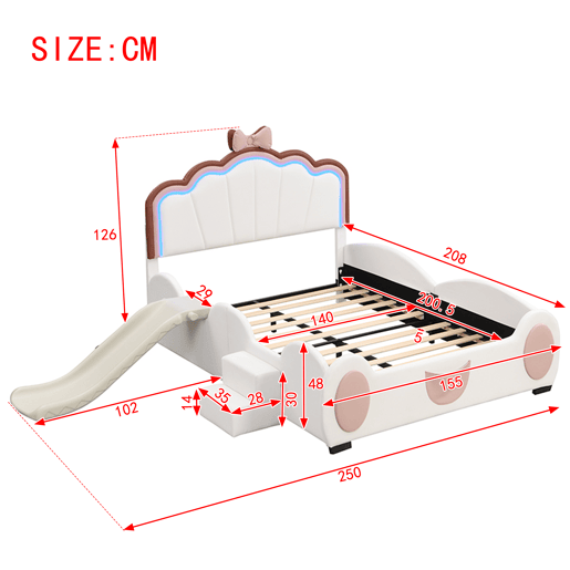 Cama de criança em pele sintética 140x200 cm - com escorrega e escada - com LED e controlo remoto - Rosa