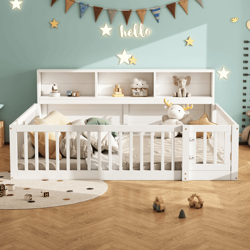 Cama de madeira 140x200cm - com cabeceira com arrumação e estrado de ripas - Branco
