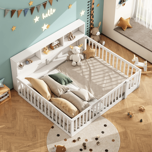 Cama de madeira 140x200cm - com cabeceira com arrumação e estrado de ripas - Branco