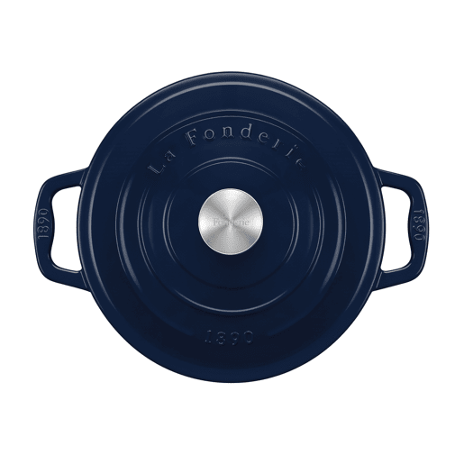 La Fonderie 1890, ALMA22, Caçarola em ferro fundido, 22cm, 3,3L, azul, compatível com todas as fontes de calor, indução, gás, grelhador e forno.