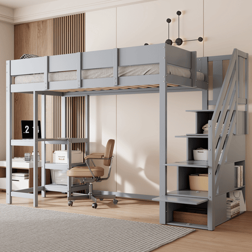 Cama alta multifuncional 90x200 cm - Com arrumação e prateleira, estrutura em madeira maciça de pinho, para crianças e jovens - Cinza