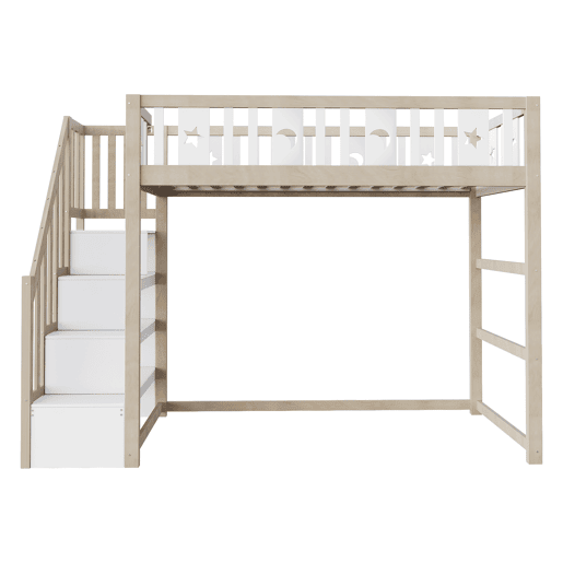 Cama alta infantil 90x200 - Com escada, cama individual em madeira maciça com grades de segurança, decoração com estrelas e lua - Natural e Branco