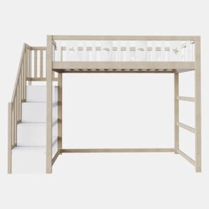 Cama alta infantil 90x200 - Com escada, cama individual em madeira maciça com grades de segurança, decoração com estrelas e lua - Natural e Branco