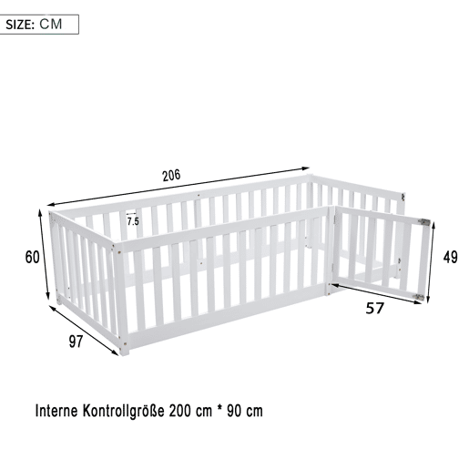 Cama de criança em madeira maciça 90x200cm com barreira de segurança - Branco