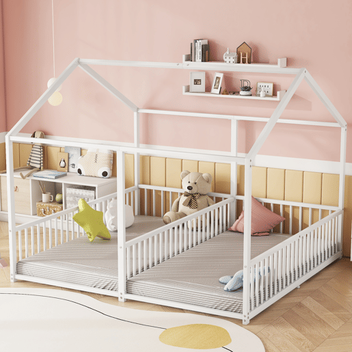 Cama-cama de ferro 2x90x200cm - com teto e estrado de ripas - Branco