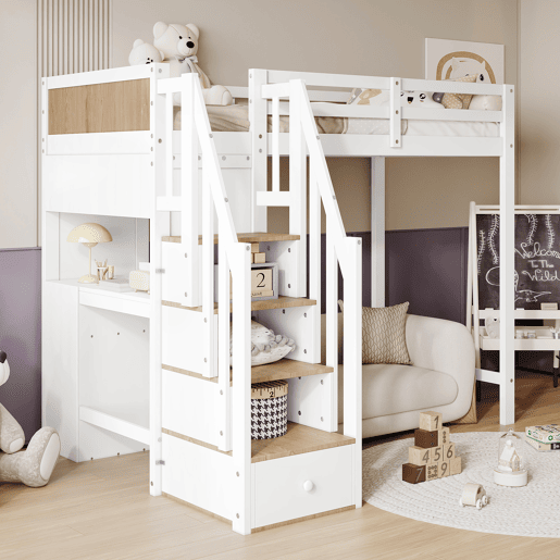 Cama mezzanine em madeira - 90x200 cm - com secretária, prateleiras e escada de arrumação - Branco Cama mezzanine em madeira - 90x200 cm - com secretária, prateleiras e escada de arrumação - Branco