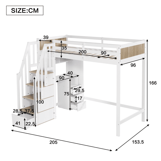 Cama mezzanine em madeira - 90x200 cm - com secretária, prateleiras e escada de arrumação - Branco Cama mezzanine em madeira - 90x200 cm - com secretária, prateleiras e escada de arrumação - Branco