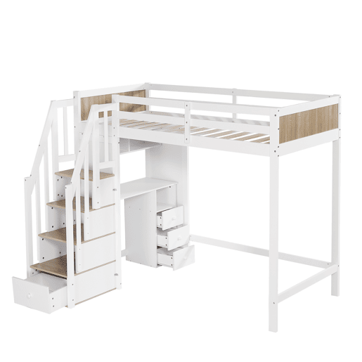 Cama mezzanine em madeira - 90x200 cm - com secretária, prateleiras e escada de arrumação - Branco Cama mezzanine em madeira - 90x200 cm - com secretária, prateleiras e escada de arrumação - Branco