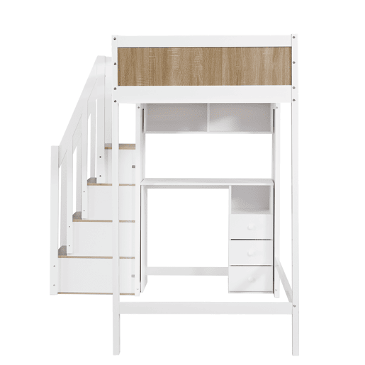 Cama mezzanine em madeira - 90x200 cm - com secretária, prateleiras e escada de arrumação - Branco Cama mezzanine em madeira - 90x200 cm - com secretária, prateleiras e escada de arrumação - Branco