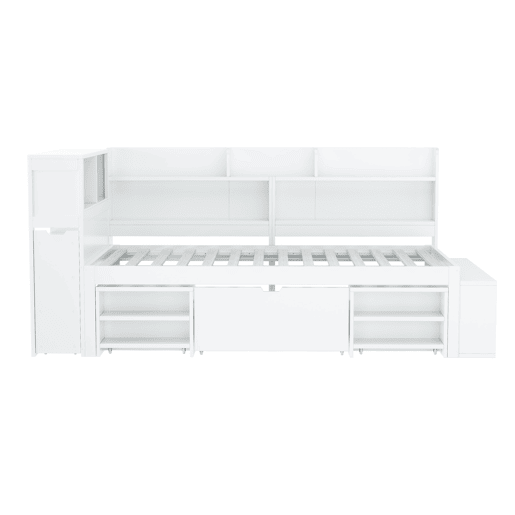 Cama em MDF 90x200cm - com arrumação multifunções e pequena estante extraível - com estrado de ripas - Branco