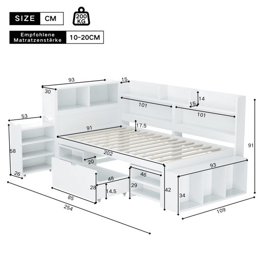 Cama em MDF 90x200cm - com arrumação multifunções e pequena estante extraível - com estrado de ripas - Branco