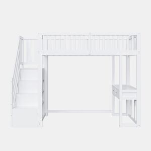 Cama alta 90x200 cm - Mesa multifuncional, escada de armazenamento segura, estrutura em madeira de pinho, branca