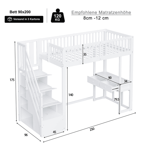 Cama alta 90x200 cm - Mesa multifuncional, escada de armazenamento segura, estrutura em madeira de pinho, branca