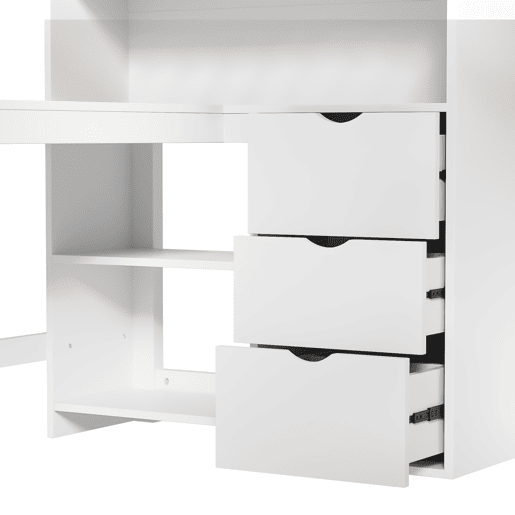 Cama alta 140x200 cm - Estante, escada, secretária, 3 gavetas - Branco