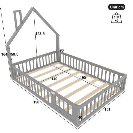 Cama infantil 140x190 cm - em forma de chaminé, com estrado (sem colchão), estilo minimalista - Cinza