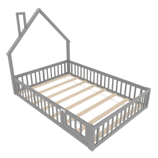Cama infantil 140x190 cm - em forma de chaminé, com estrado (sem colchão), estilo minimalista - Cinza