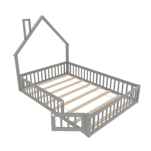Cama infantil 140x190 cm - em forma de chaminé, com estrado (sem colchão), estilo minimalista - Cinza