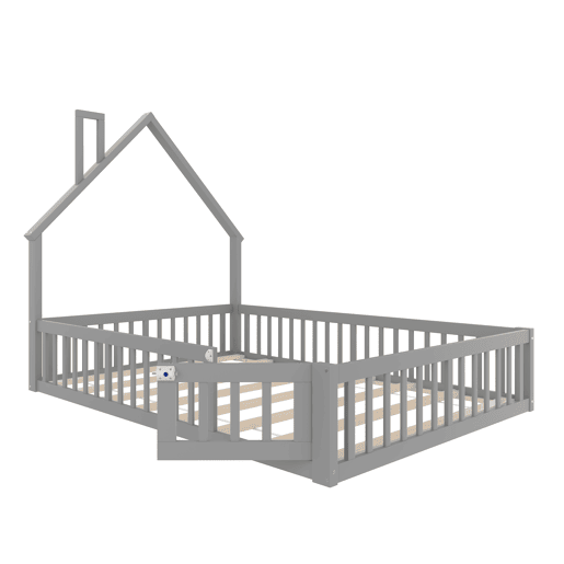 Cama infantil 140x190 cm - em forma de chaminé, com estrado (sem colchão), estilo minimalista - Cinza