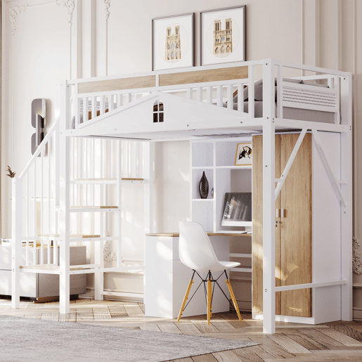 Cama alta metálica 90x200 cm - Segurança com janela, escada de segurança, espaço livre para tela - Branco