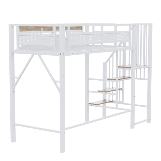 Cama alta metálica 90x200 cm - Segurança com janela, escada de segurança, espaço livre para tela - Branco