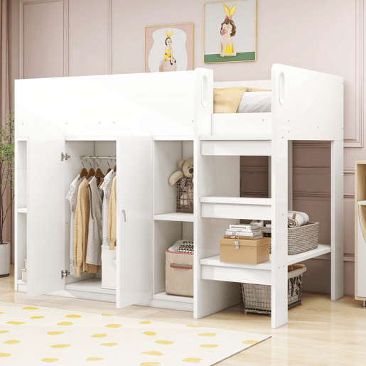 Cama alta multifuncional 90x200 - Com arrumação, armário e prateleiras, cama infantil com escada, estrutura resistente - Branco