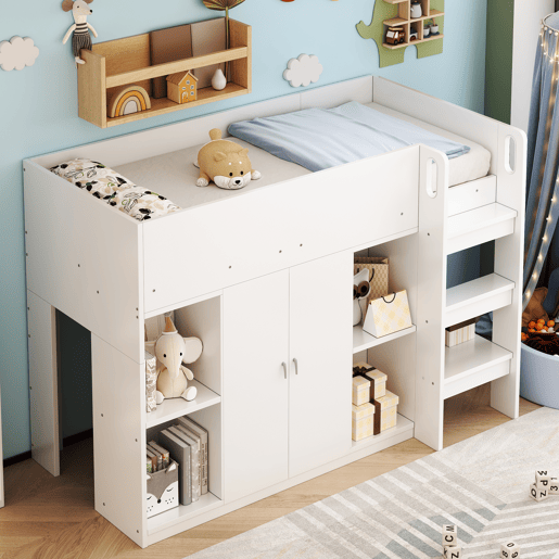 Cama alta multifuncional 90x200 - Com arrumação, armário e prateleiras, cama infantil com escada, estrutura resistente - Branco