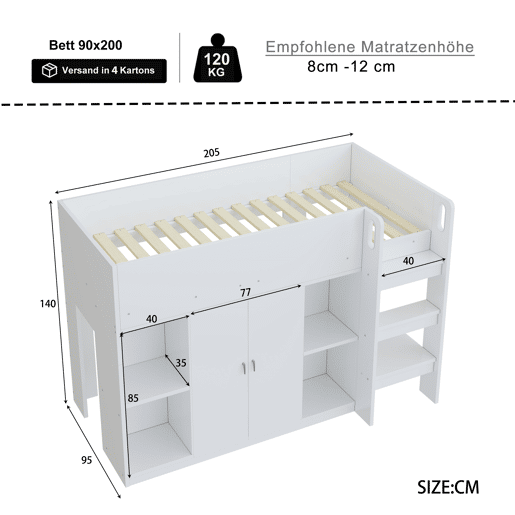 Cama alta multifuncional 90x200 - Com arrumação, armário e prateleiras, cama infantil com escada, estrutura resistente - Branco