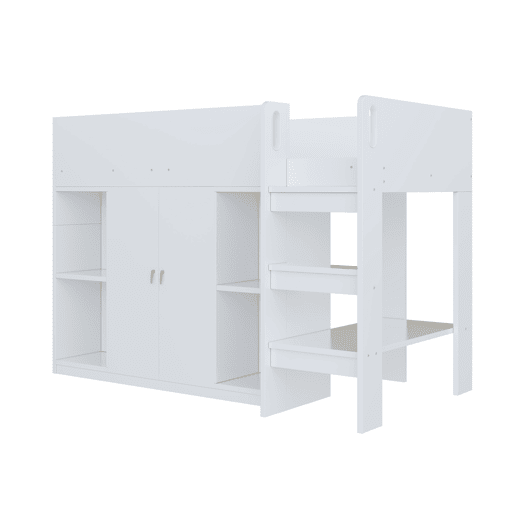 Cama alta multifuncional 90x200 - Com arrumação, armário e prateleiras, cama infantil com escada, estrutura resistente - Branco