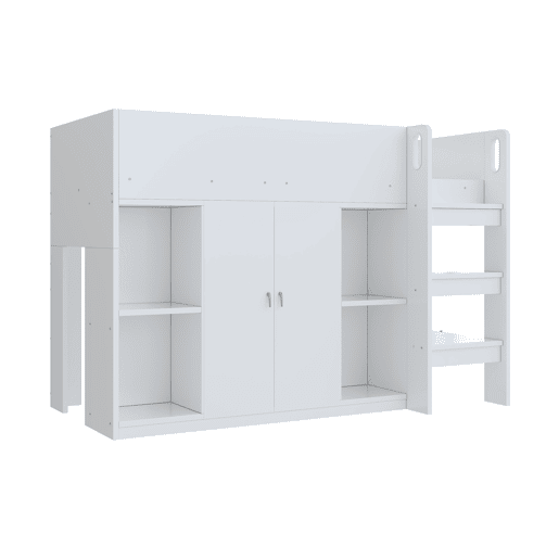 Cama alta multifuncional 90x200 - Com arrumação, armário e prateleiras, cama infantil com escada, estrutura resistente - Branco